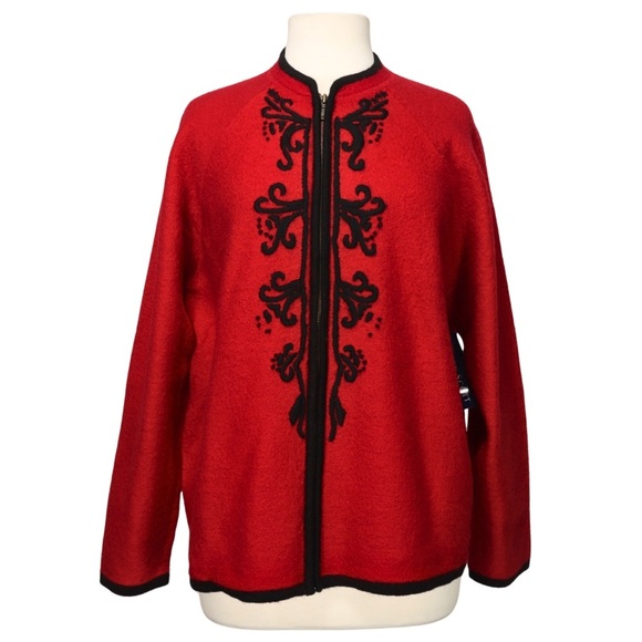 Karen Scott Sweaters - Karen Scott 100% Wool Full Zip Cardigan NWT Sweater Red Embroider Women 1X